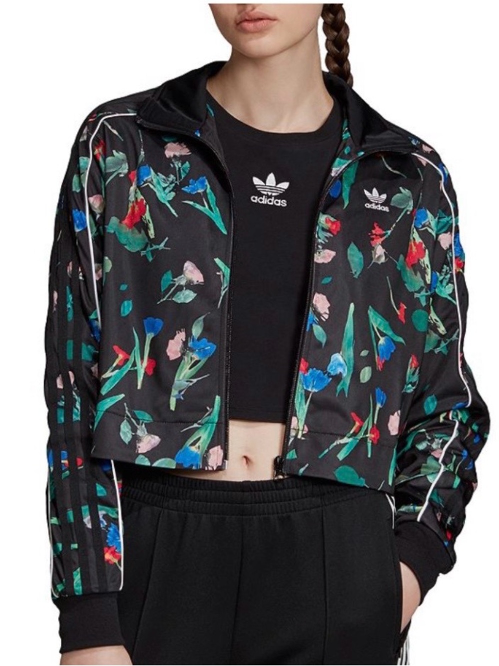 adidas Women’s Black Floral Cropped Bomber Jacket and matching leggings